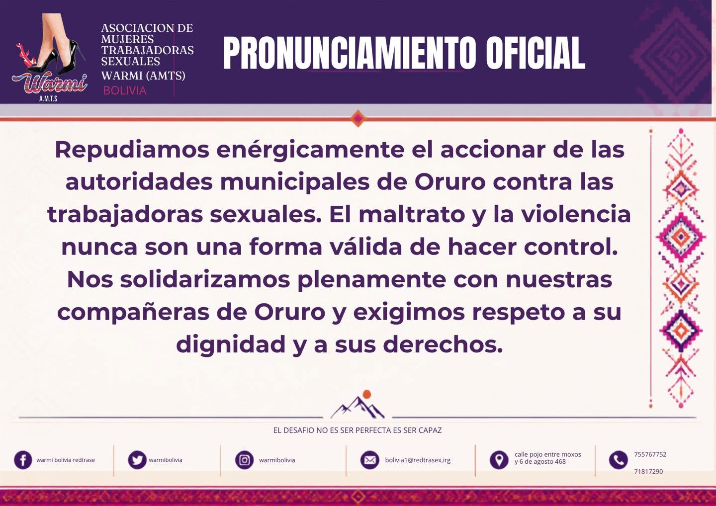 Comunicado de WARMI en solidaridad con las trabajadoras sexuales de Oruro