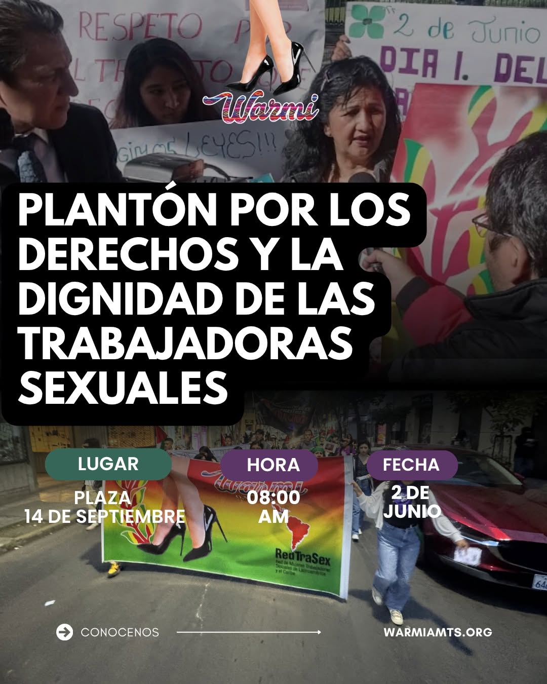 Compañeras de WARMI convocando al plantón por el Día Internacional de la Trabajadora Sexual